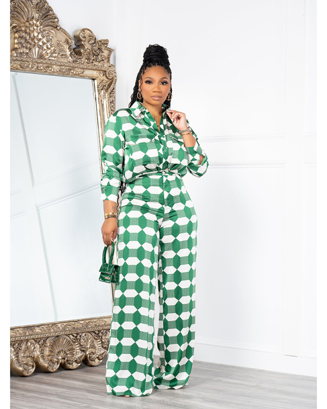 Geometric Long Sleeve Button Pocket Shirt Set Two Piece Pant Set