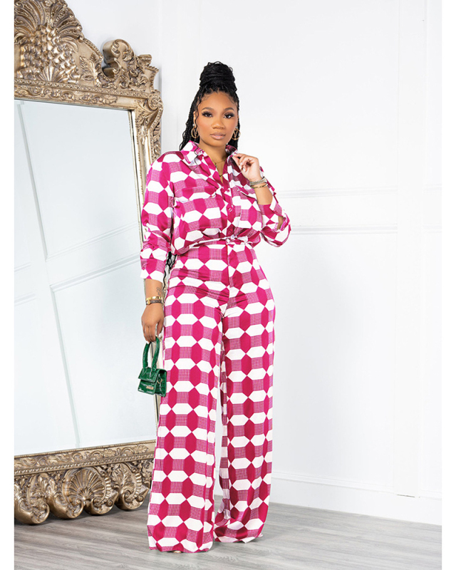 Geometric Long Sleeve Button Pocket Shirt Set Two Piece Pant Set