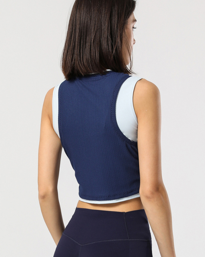 Women Sleeveless Mesh Breathable Colorblock Side Drawstring Sports Vest White Orange Blue S-XL