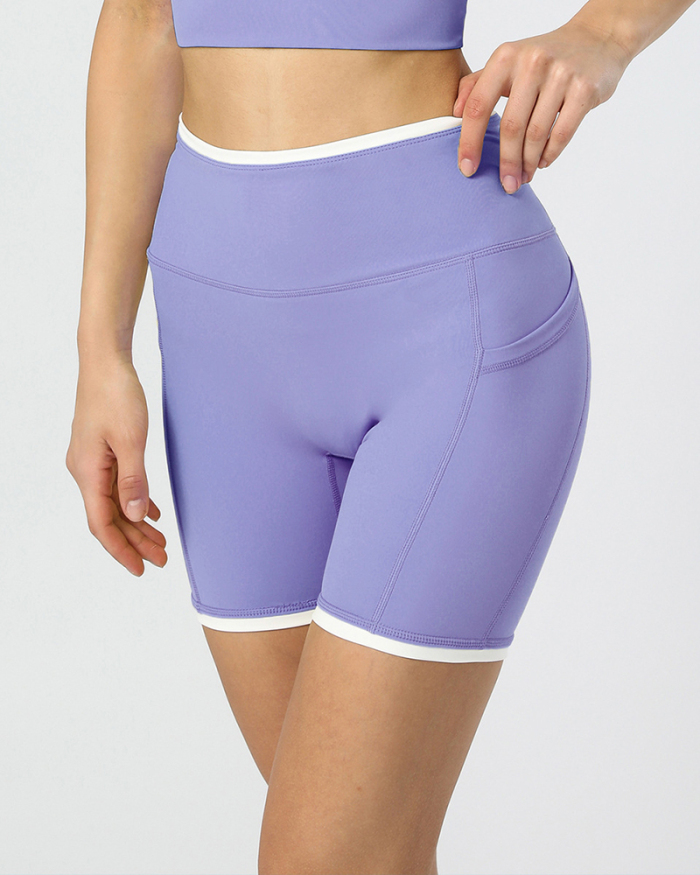 Colorblock SIde Pocket High Waist Yoga Shorts Green Light Apricot Black Purple Brown XS-XL