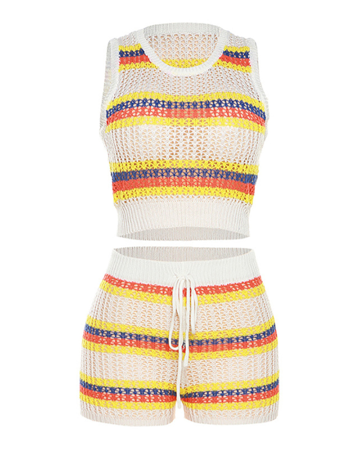 Summer New Fashion Sweety Sleeveless Vest Shorts Sets Colorblock Knit Two-piece Sets White S-L
