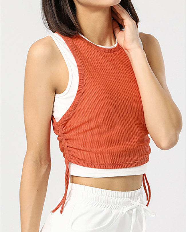 Women Sleeveless Mesh Breathable Colorblock Side Drawstring Sports Vest White Orange Blue S-XL