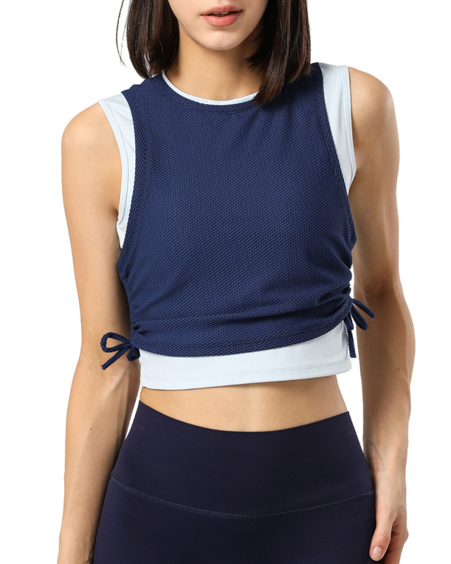 Women Sleeveless Mesh Breathable Colorblock Side Drawstring Sports Vest White Orange Blue S-XL
