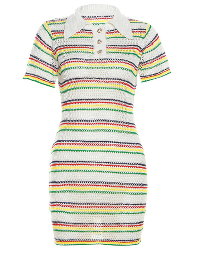 Women Summer New Label Button Short Sleeve Colorblock Mini One-piece Dress White S-L