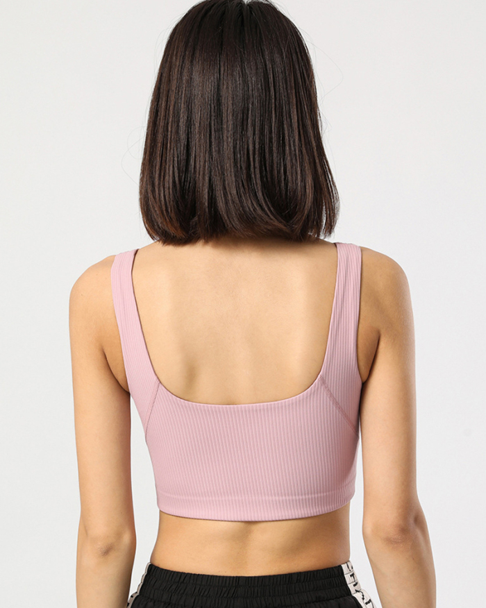 New Women Wide Shoulder Fixed Cup Ribbing Yoga Tops Sports Bra Gray Brown Pink Green Black S-2XL