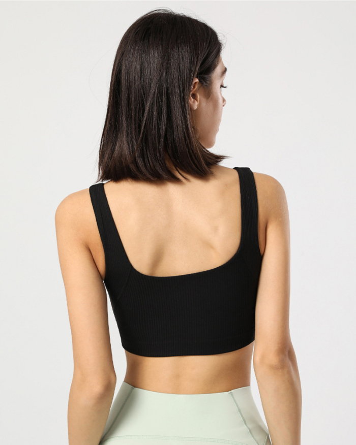 New Women Wide Shoulder Fixed Cup Ribbing Yoga Tops Sports Bra Gray Brown Pink Green Black S-2XL