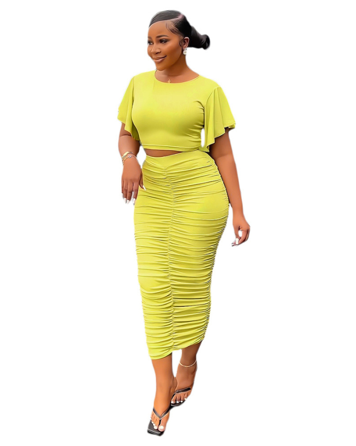 Solid Color Women 2 Piece Skirt Set Wholesale Dress S-XXL