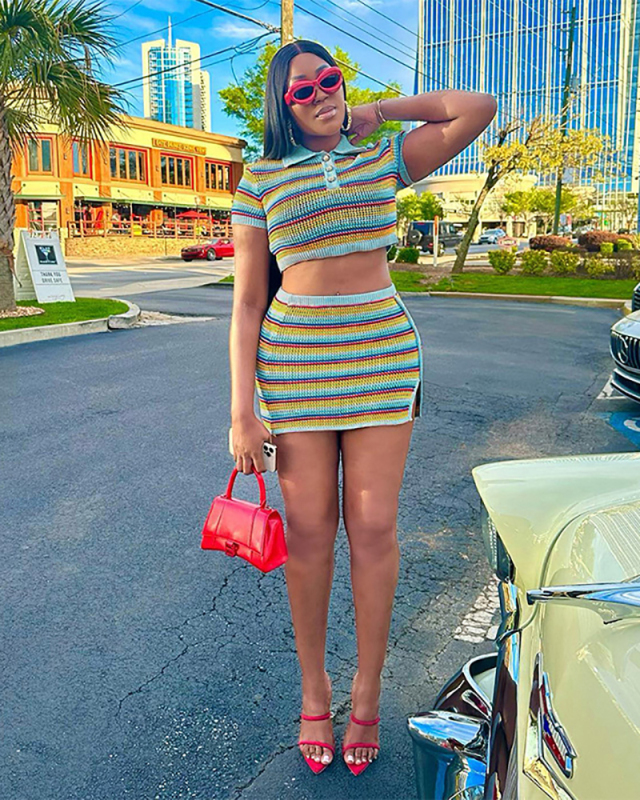Stripe Women Knitted Two Piece Skirt Set