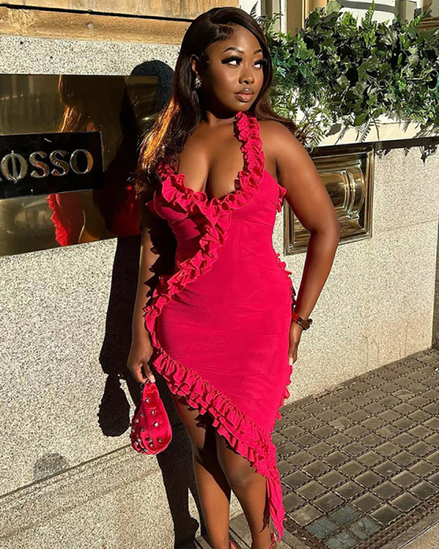 V-neck halter dress women fashion sexy backless splicing ruffle short skirt