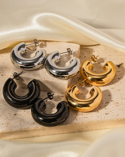 Trendy Earrings 18K Gold-Plated Stainless Steel Chubby Hollow C Shape Earrings