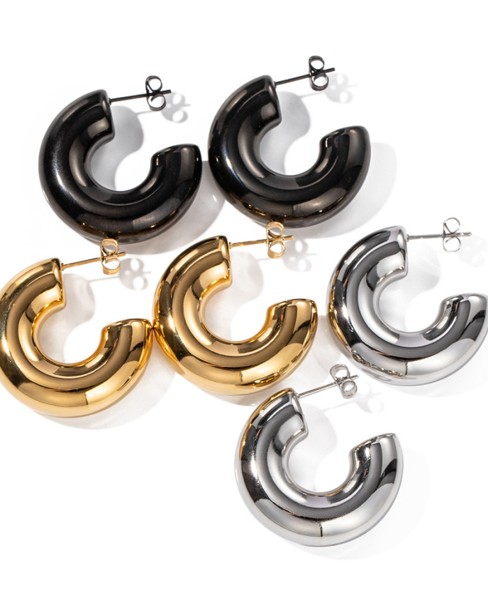 Trendy Earrings 18K Gold-Plated Stainless Steel Chubby Hollow C Shape Earrings