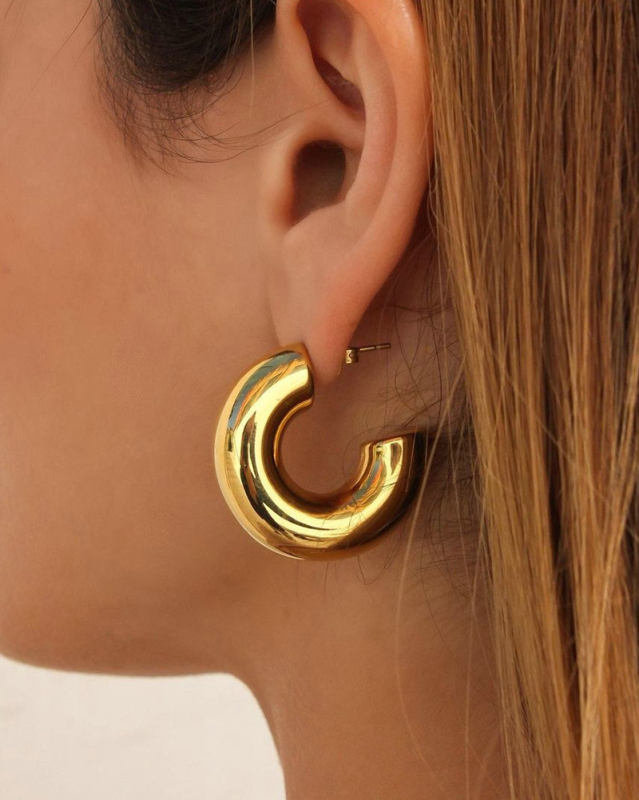 Trendy Earrings 18K Gold-Plated Stainless Steel Chubby Hollow C Shape Earrings