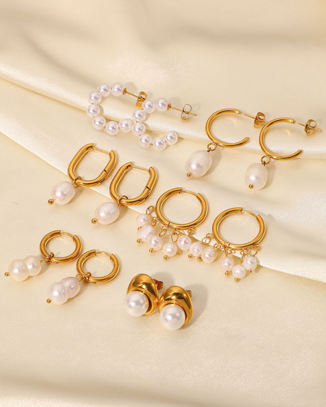 Women Stainless Steel Earrings Fashion Personality Pearl Hoops Earrings