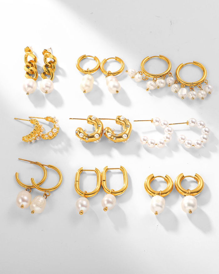 Women Stainless Steel Earrings Fashion Personality Pearl Hoops Earrings