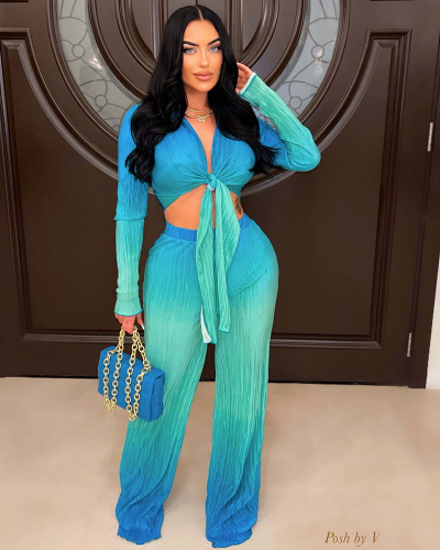 Women Gradient Color Deep V Long Sleeve Top and Trousers Two-Piece Pant Set