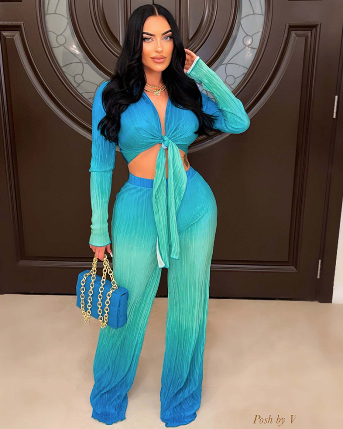 Women Gradient Color Deep V Long Sleeve Top and Trousers Two-Piece Pant Set