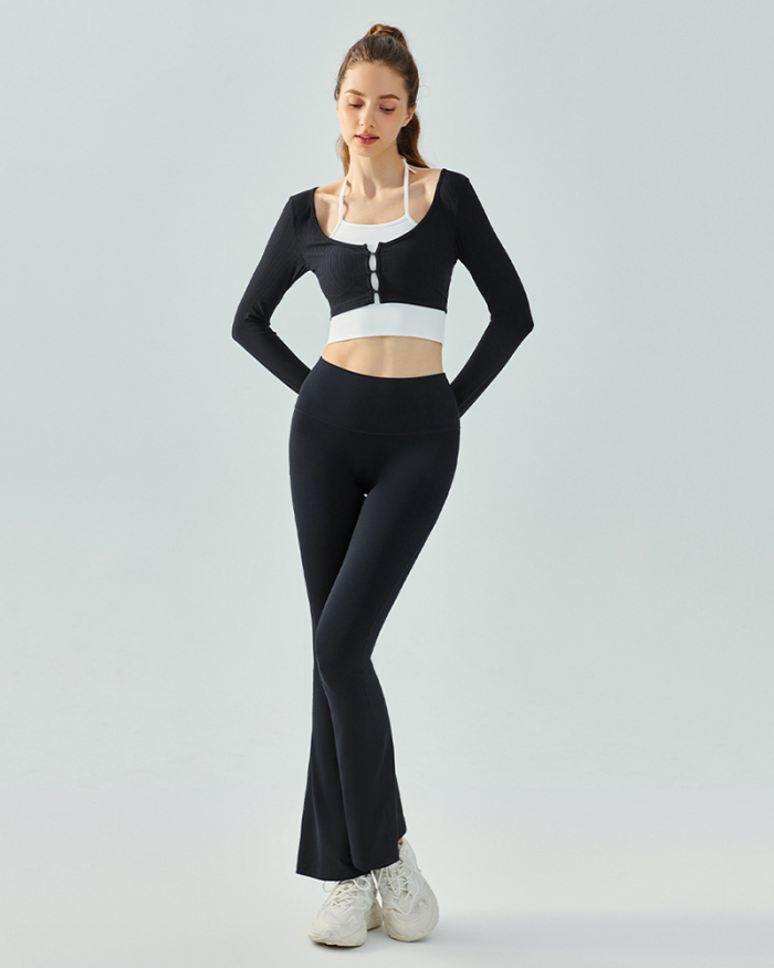 Colorblock Fake Two Pieces Long Sleeve Slim Quick Dry Yoga Tops, S-XL