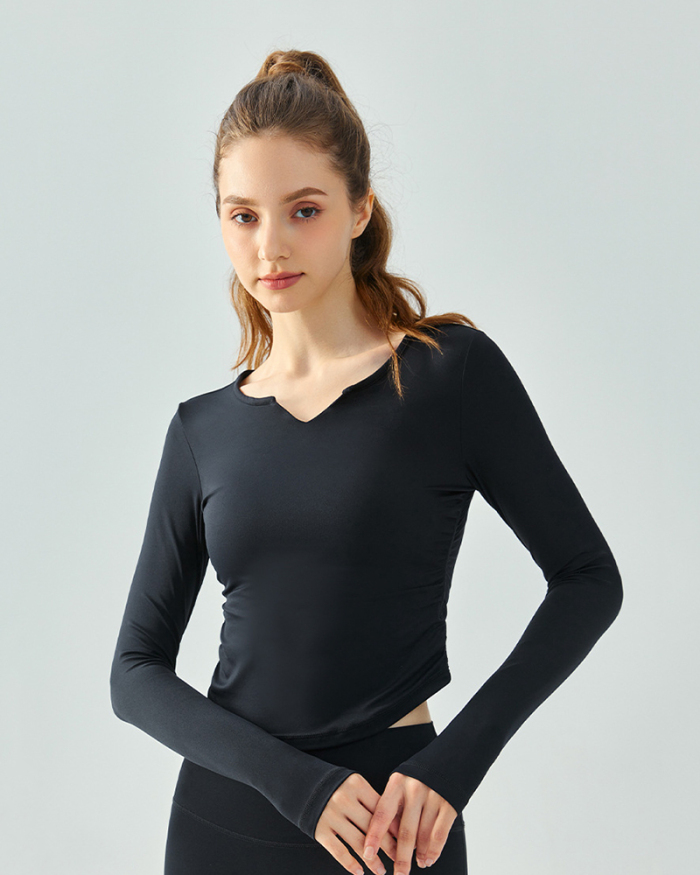 Long Sleeve V Neck Soft Fitness Running Sports Slim Breathable Quick Drying Yoga Tops Brown Pink Black Gray S-XL
