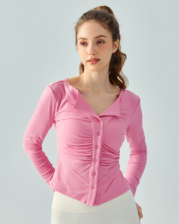 Autumn New Long Sleeve Ruched Front  Sports Slim Running Yoga Tops Brown Pink White Black S-XL