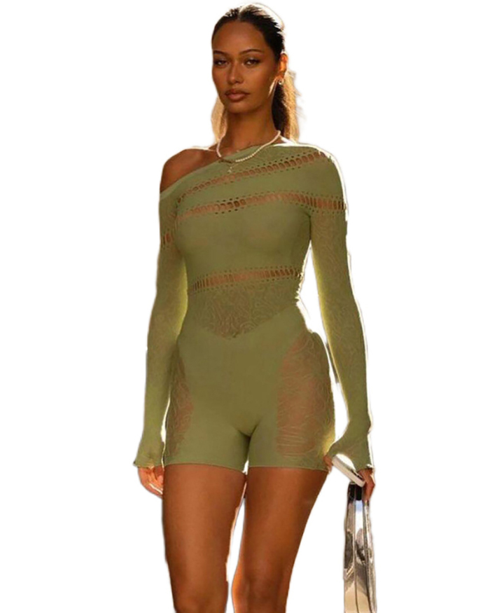 Summer Women New Sexy See Through Hollow Out High Waist Romper Black Green Brown Orange One Size