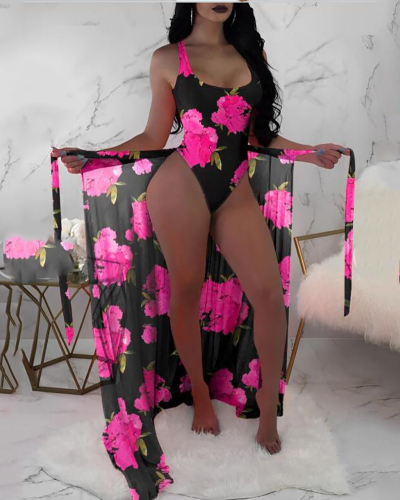 Hot Sale Printed Women Mesh Cover Colorblock Bikini Three-piece Swimsuit S-XL