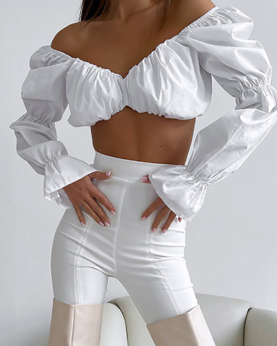 Women Popular Puff Long Sleeve Sexy Crop Top White Black S-L