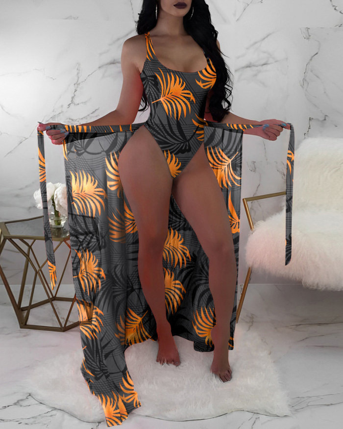 Hot Sale Printed Women Mesh Cover Colorblock Bikini Three-piece Swimsuit S-XL