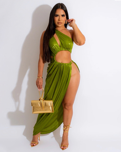 Hot Sale Slash Neck Hollow Out Sexy High Slit Evening Dress Rosy Orange Green S-2XL
