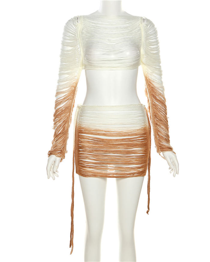 Long Sleeve Fringe Women Two Piece Skirt Set