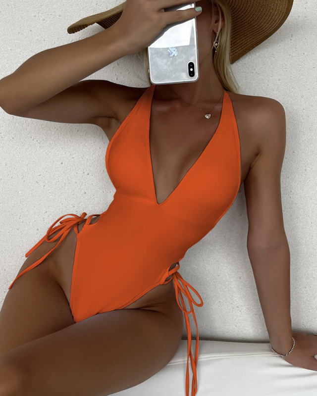 Open Back Deep V-neck Women One Piece Swimwear