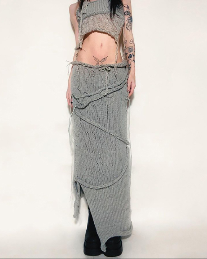 Summer New Sexy Knit Backless High Waist Maxi Dress Two-piece Sets Gray Pink S-L