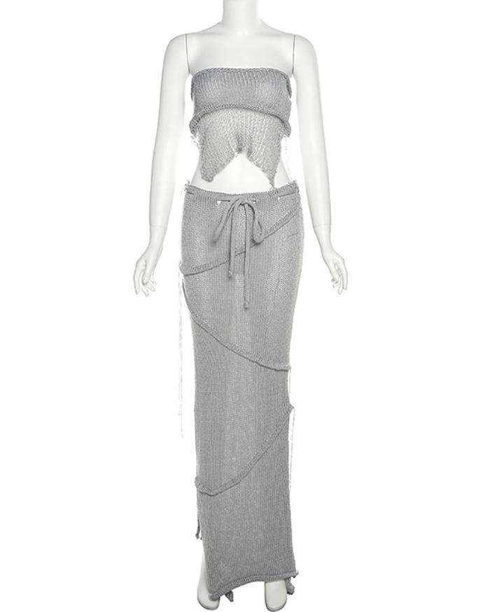 Summer New Sexy Knit Backless High Waist Maxi Dress Two-piece Sets Gray Pink S-L