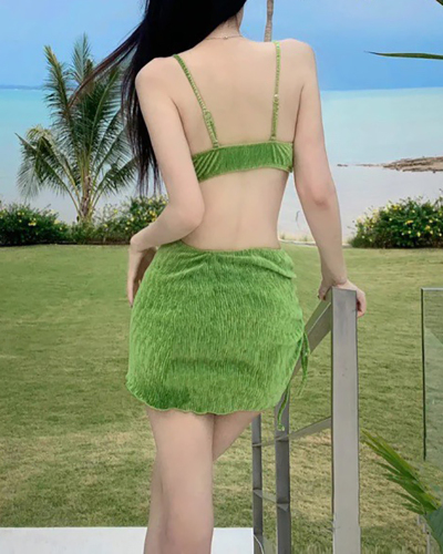 Women Ruched Velvet Sexy Bikini Three-piece Swimsuit Green Pink Black S-L
