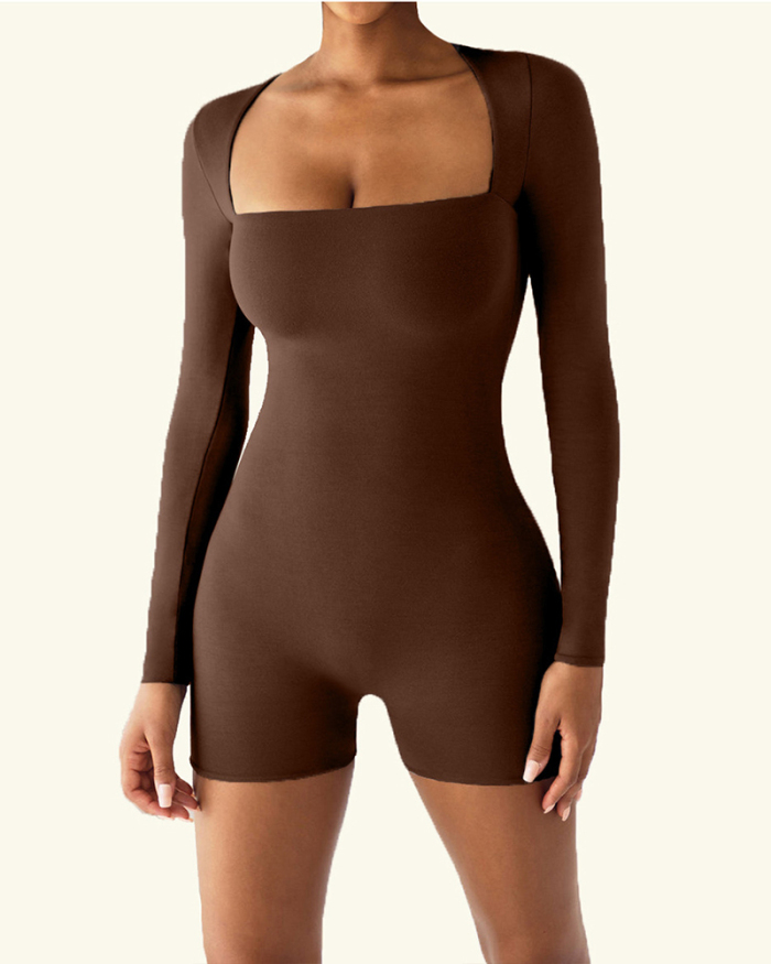 Yoga Long Sleeve Solid Color Square Neck Sexy Romper Ivory Black Deep Brown Green S-XL