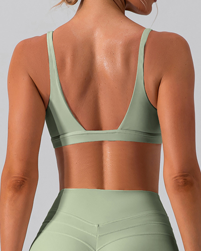 Women Solid Color V Neck High Protect Slim Sports Running Bra S-XL