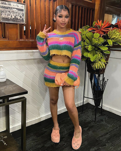 Colorful Women Long Sleeve Knitted Sweater Two Piece Skirt Set