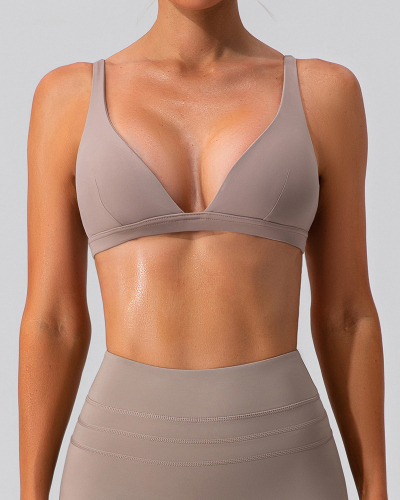 Women Solid Color V Neck High Protect Slim Sports Running Bra S-XL