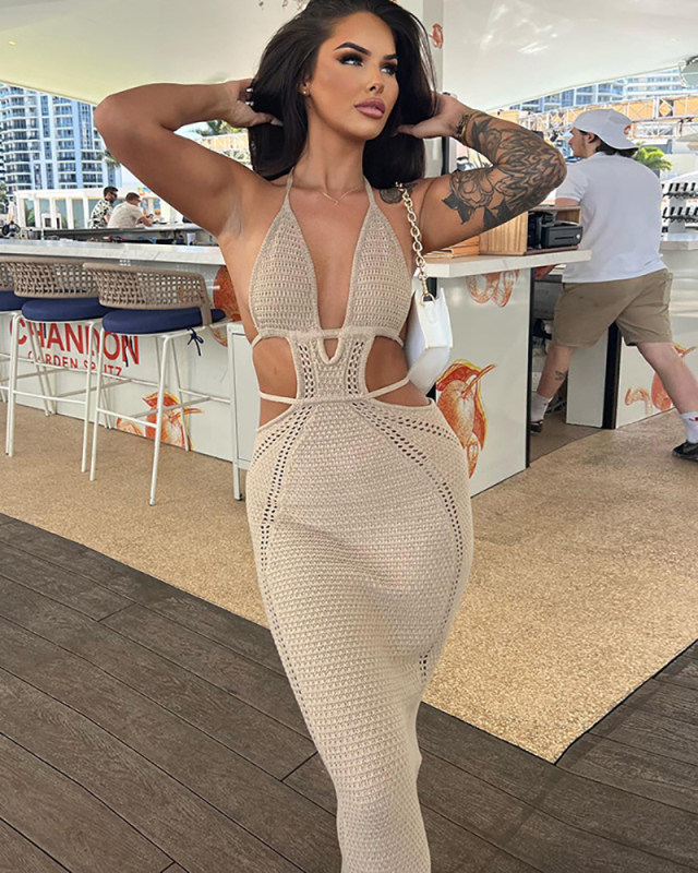 Ins Style Vacation Hollow Out Halter Neck Sexy Knit Maxi Dress White Khaki Light Yellow Black Red Pink S-L