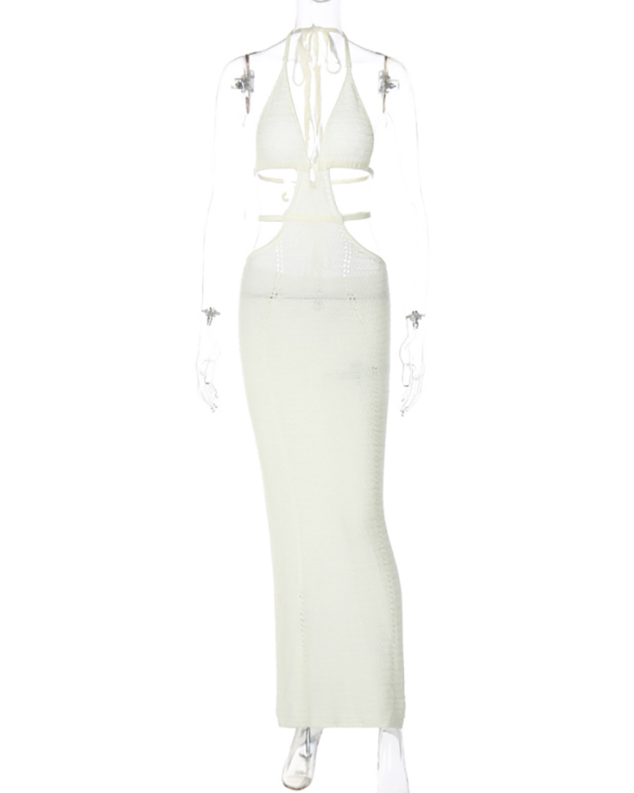 Ins Style Vacation Hollow Out Halter Neck Sexy Knit Maxi Dress White Khaki Light Yellow Black Red Pink S-L