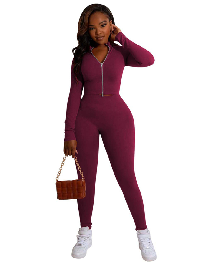 Autumn New Fashion Slim Long Sleeve Zipper Front Solid Color Pants Sets Two Pieces Outfit Wine Red Orange Black Blue Gray Rosy Yellow S-XL