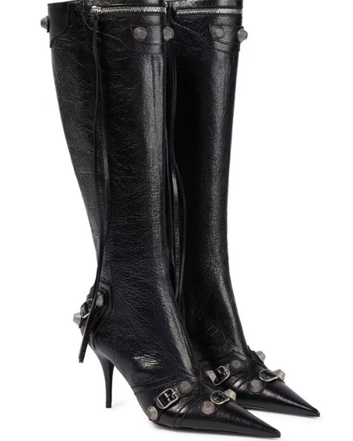 Pre sale Women high heel pointed side zipper metal rivets pin buckle and kneewomen's boots