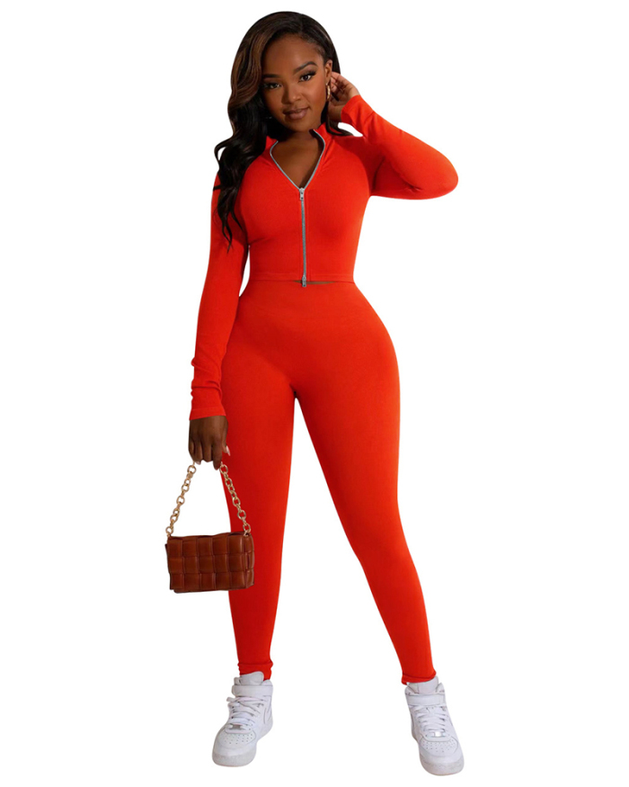 Autumn New Fashion Slim Long Sleeve Zipper Front Solid Color Pants Sets Two Pieces Outfit Wine Red Orange Black Blue Gray Rosy Yellow S-XL