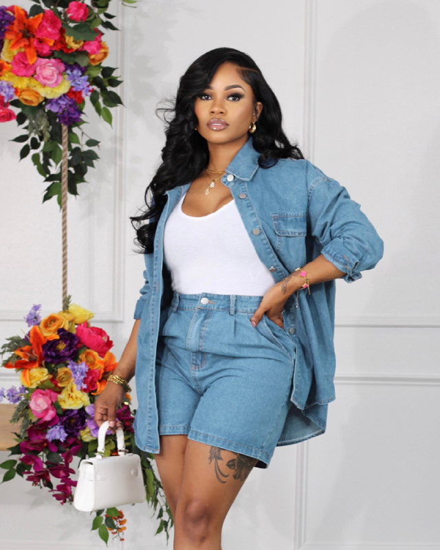 Women Long Sleeve Lapel Jeans Coat Jean Short Sets Two Pieces Outfit Light Blue S-2XL