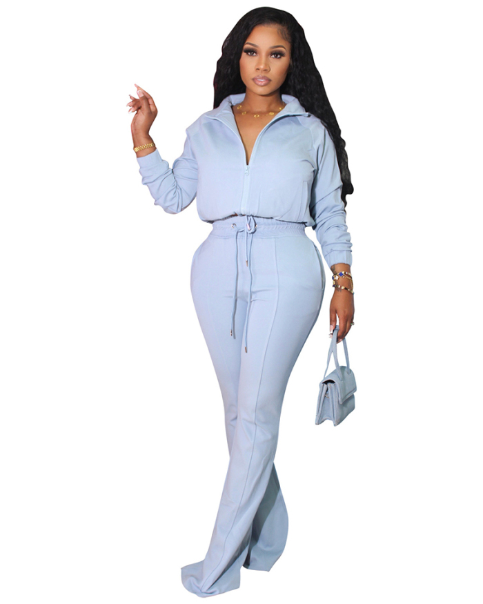 Women Solid Color Zipper Long Sleeve Ruched Coat Casual Wide Leg Pants Sets Two-piece Sets Black Rosy Green Light Blue S-2XL