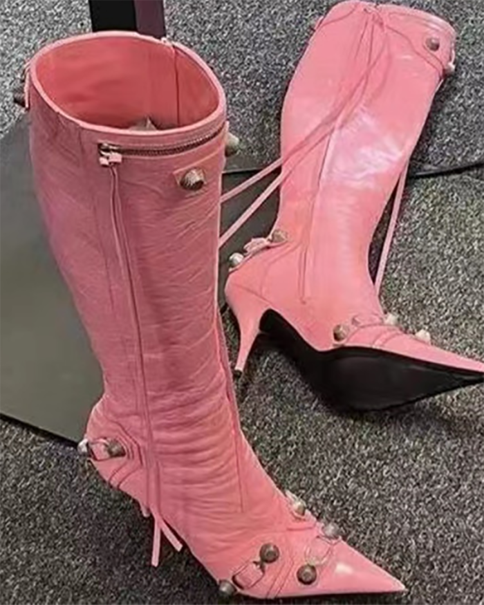 Pre sale Women high heel pointed side zipper metal rivets pin buckle and kneewomen's boots