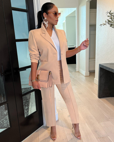 Women Long Sleeve Solid Color Business Suit Two Pieces Outfit Pants Sets Black Red Blue White Rosy Apricot S-2XL