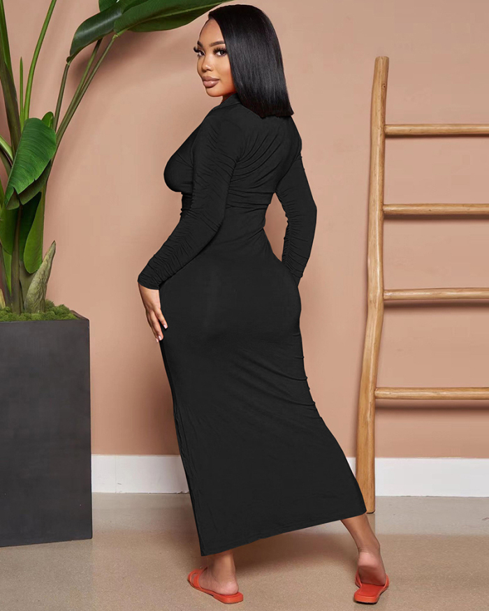 Autumn New V Neck Long Sleeve Women Ruched Solid Color Maxi Dresses Black Yellow Green Rosy Orange Red S-2XL
