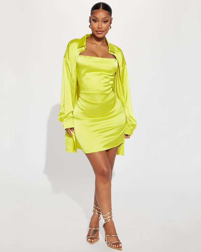 New Sexy Fashion Women Satin Sling Mini Dress Sets Long Sleeve Shirt Two Pieces Outfit Yellow Rosy Black S-XL
