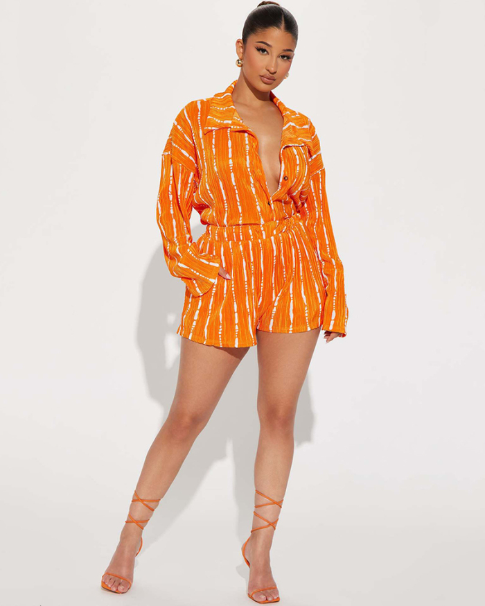 Sexy Fashion Ruched Lapel Women Stripe Shorts Sets Casual Two Pieces Outfit Black Orange Blue S-XL