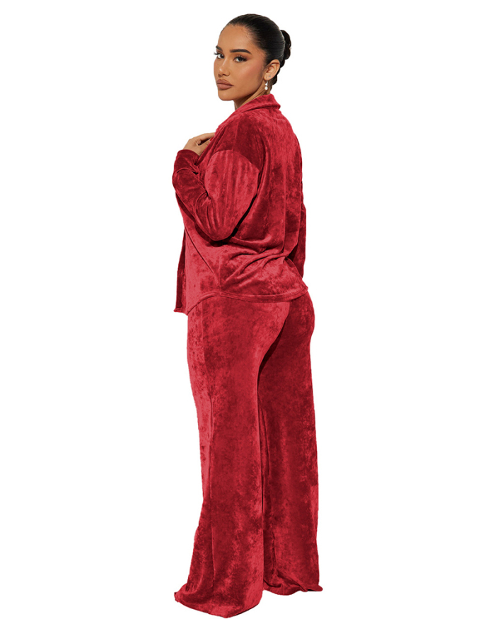 Women Long Sleeve Lapel Velvet Loose Wide Leg Pants Sets Two Pieces Outfit Light Blue Royal Blue Red S-XL